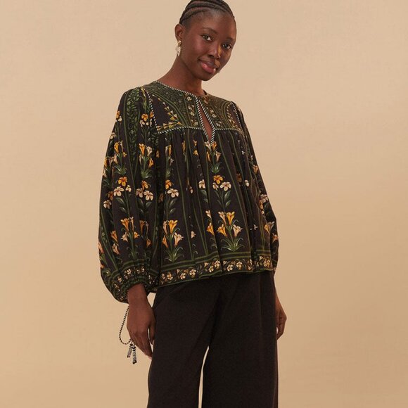 Farm Rio Black Flowers Arch Blouse XS 0 S SM Small top - Picture 4 of 16